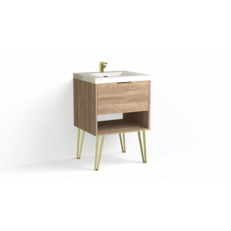 Modo 24" W Freestanding Single Bathroom Vanity with Dawson Leg, Gloss White/Single, Biondo, Satin Brass