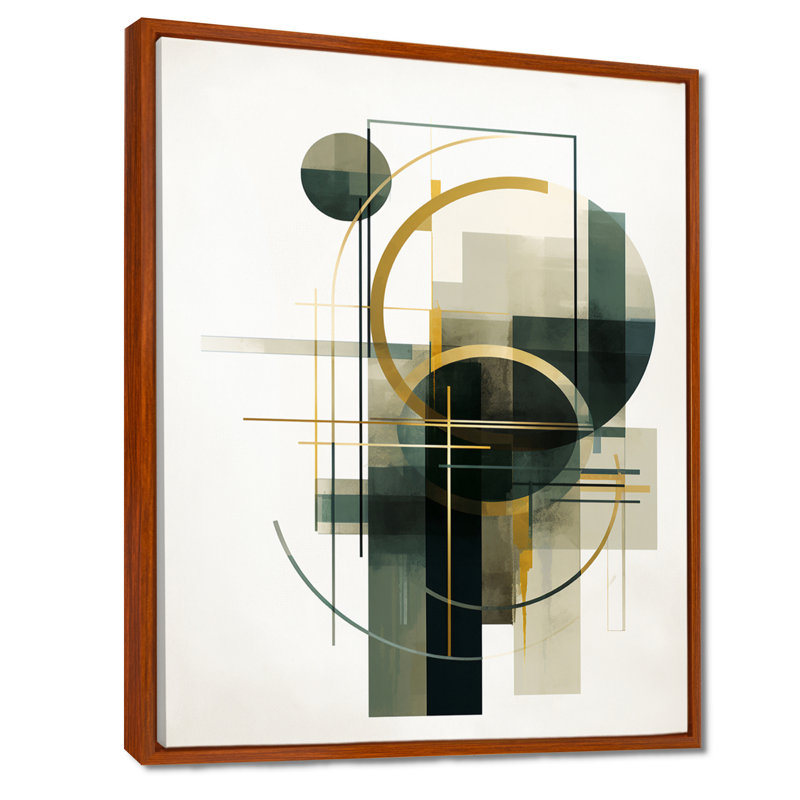 Emerald Gold Retro Geometrics - Minimalisme, art mural, salon, Toile avec cadre flottant brun, H 40 po x l 30 po x P 1,5 po