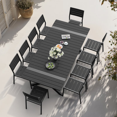 Ensemble repas pour 10 personnes rectangulaire en aluminium avec trou pour parasol et chaises empilables
