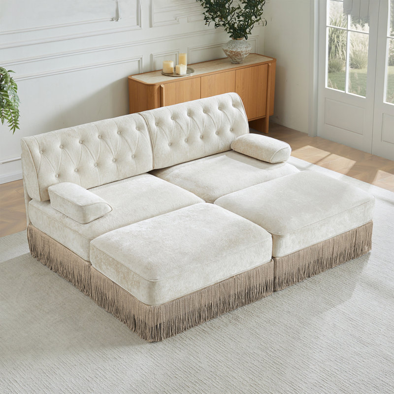 Canapé Chesterfield, Beige, H 34,2 po x l 76,6 po x P 60,3 po