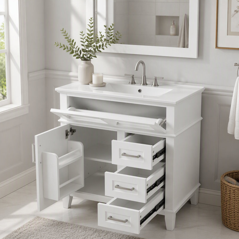 Meuble-lavabo de 24 po avec lavabo en céramique, structure en bois massif et armoire en panneau de fibres à densité moyenne, 1 porte, tiroir rabattable et 3 tiroirs, charnières à fermeture en douceur, tablette réglable, poignées argentées