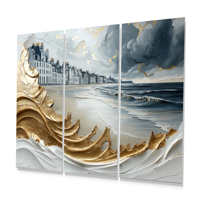 Ensemble de décorations murales bleues et dorées sur la plage d'Aberdeen en Écosse I, Métal métal, H 40 po x l 60 po x P 1 po