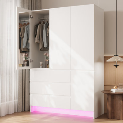 71.1"H Armoire Wardrobe With 3 Drawers And Led Light, Large Capacity Storage Wardrobe Closet With Mirror And Hanging Rod For Bedroom