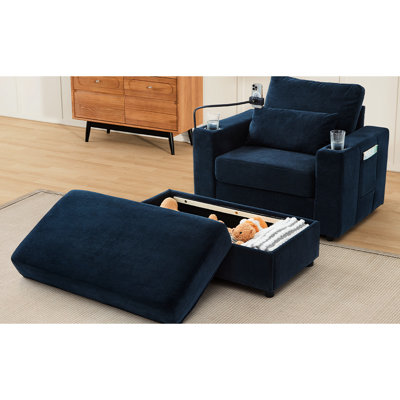 Chaise compacte bleue avec rangement mobile, charge, deux porte-gobelets et poches latérales pour un confort de vie encastré