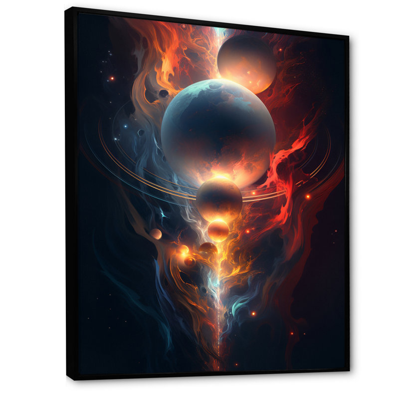 Merveilles universelles orange bleues sur toile, Cadre flottant noir, H 32 po x l 24 po x P 1 po