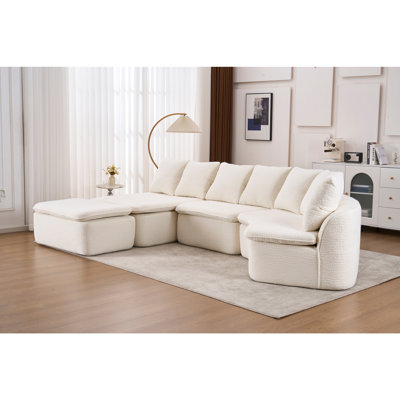 Canapé modulaire en forme de U de 133 po avec fauteuil inclinable amovible, chenille grain de bois blanc, conception désossée, configuration flexible pour les grands salons et les chambres à coucher