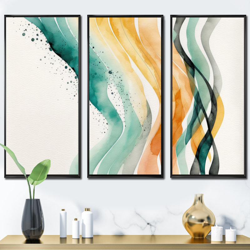 «Dohnovan Multi-Color Abstract Waves II», reproduction sur toile 3 pièces, Cadre noir, H 32 po x l 48 po x P 1 po