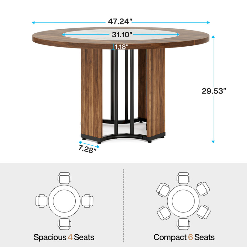 47" Round Dining Table, Wood Circle Traditional Dining Room Table for 4, Walnut