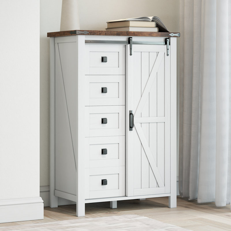 48" Tall Farmhouse 5 Drawers Dressers, White/Brown