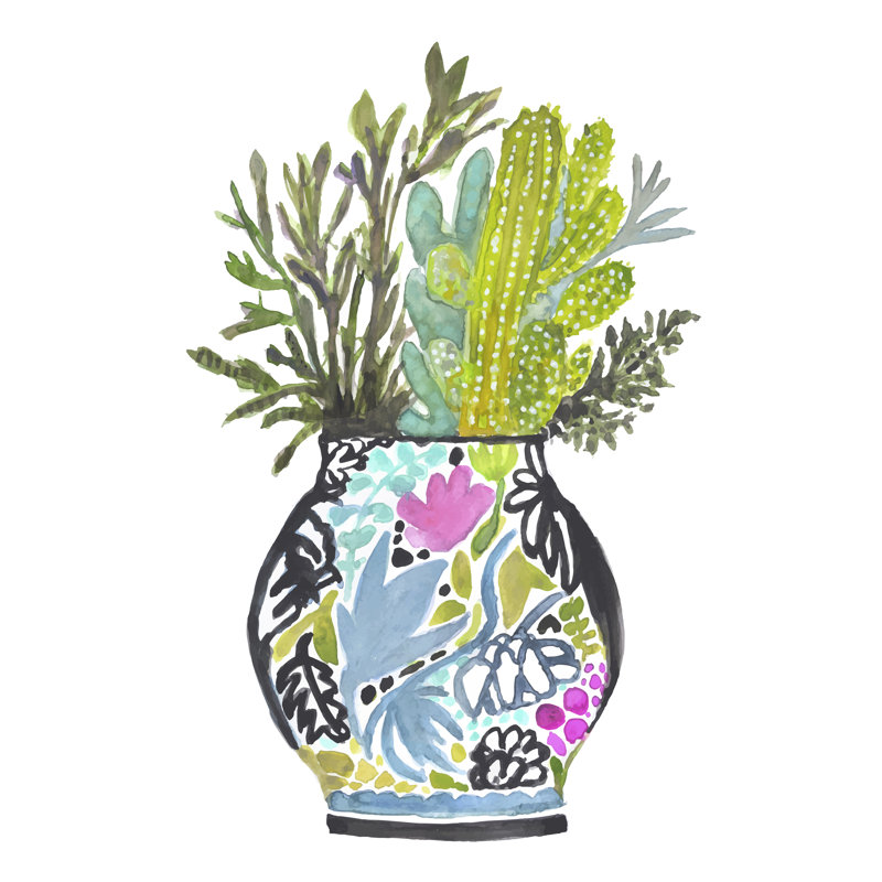 "Carlino", vase peint avec cactus sur toile par Karen Fields, H 30 po x l 20 po