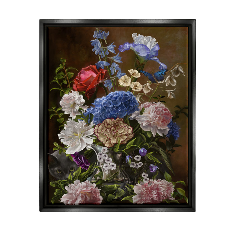 Fleurs et chat rétro, Cadre flottant noir de jais, H 21 po x l 17 po x P 1,7 po