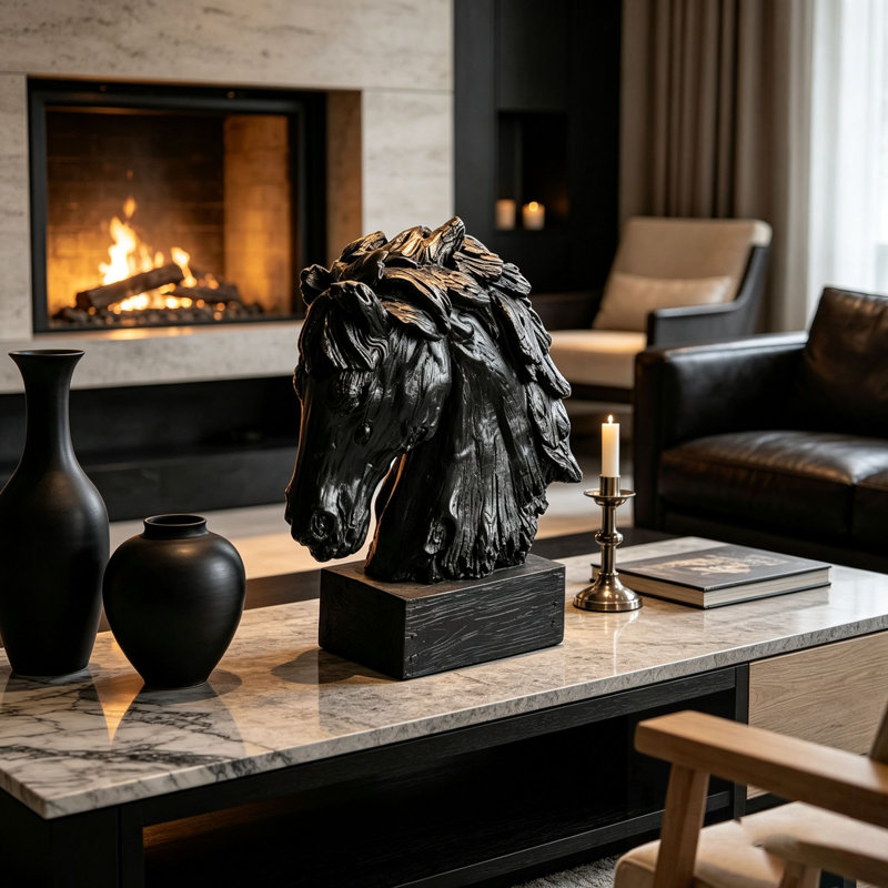 Sculpture tête de cheval rustique avec base, buste de cheval en résine de texture bois rétro pour décor de style campagnard
