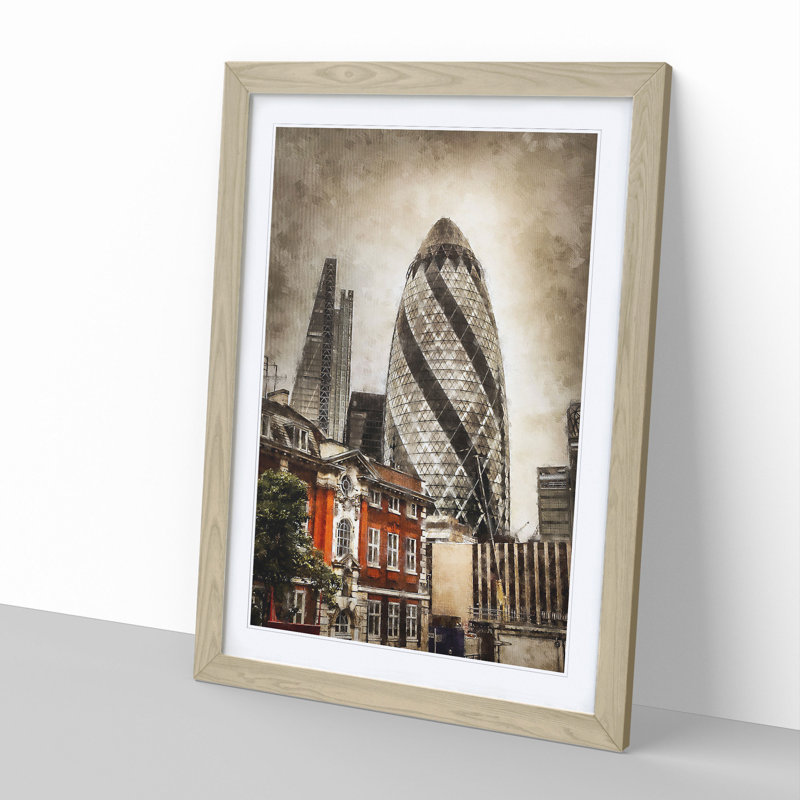The Gherkin in London - Picture Frame Graphic Art, 48cm H x 36cm W x 2cm D, Oak