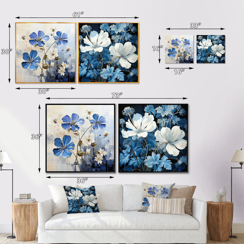Minimalisme bleu et blanc fleurs de géraniums - ensemble de 2 géraniums carrés, Cadre flottant brun, H 36 po x l 73 po