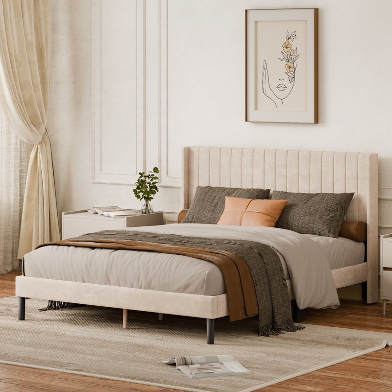 Modern Minimalist Bed Frame with Upholstered Vertical Channel Tufted Wingback Headboard, Queen, Beige Fabric