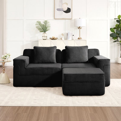 Canapé modulaire modulaire à 2 places désossé - tissu velours côtelé, canapé Cloud, siège très profond, coussins décoratifs, repose-pieds mobile