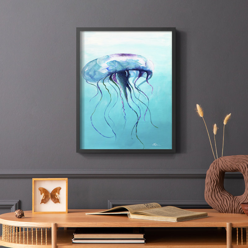 Jelly Fish Framed Print - Solid Wood, 14" H x 11" W, Black Single Picture Framed