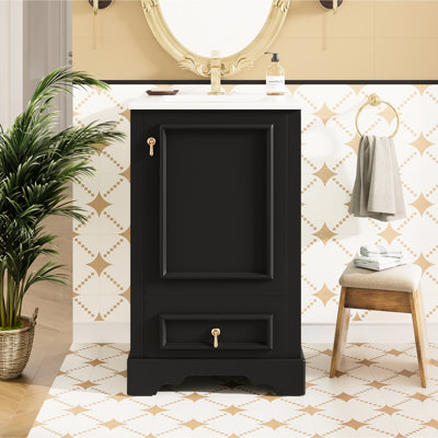 Meuble-lavabo de 20 po avec lavabo en céramique, fonction de fermeture en douceur, tiroir de compartiment, rangement de porte et mécanisme de style moderne à tablette réglable, support de rangement pratique