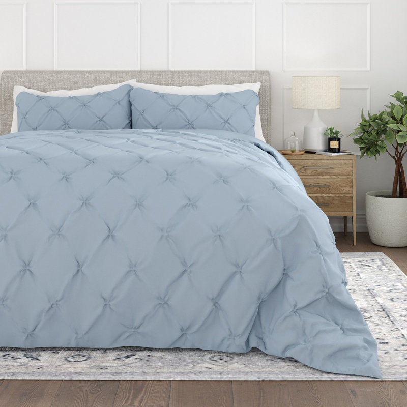 Pinch Pleat Textured Duvet Cover Set, King Duvet Cover + 2 Shams, Light Blue