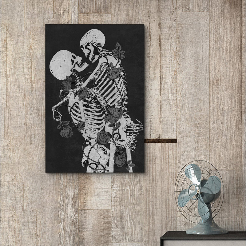 «Skeleton Kiss», gothique Moody foncé, œuvre d'art moderne, décor, Toile tendue, H 24 po x l 16 po