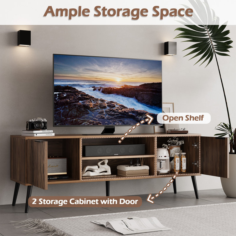  60 Inch Tv Stand For Tvs Up To 65", Mid-Century Modern Tv Stand With 2 Storage Cabinets And Open Shelf For Living Room
