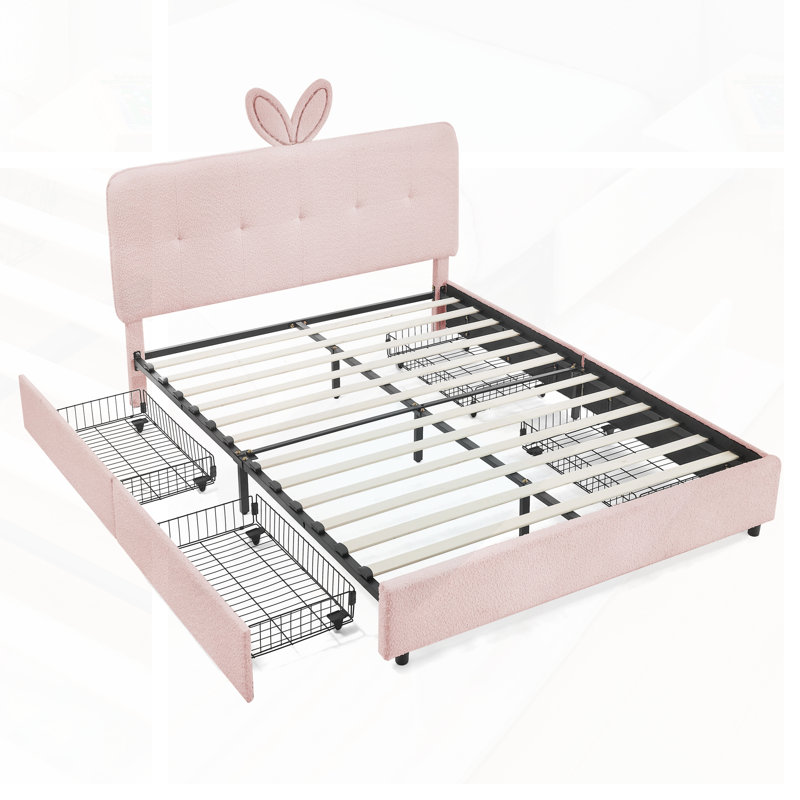 Lit double tapissier avec tête de lit surdimensionnée en forme de lapin, lumière DEL et 4 tiroirs de rangement; Ensemble de lattes, tissu bouclé