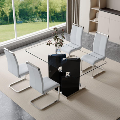 Ensemble de table de salle à manger 63 ", ensemble de table de salle à manger en verre avec pieds à structure ouverte et chaises en similicuir