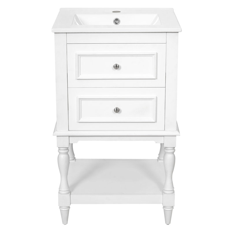 Meuble-lavabo de 20 po avec lavabo en céramique, armoire de rangement avec tablette ouverte, armoire de salle de bain rétro avec 2 tiroirs