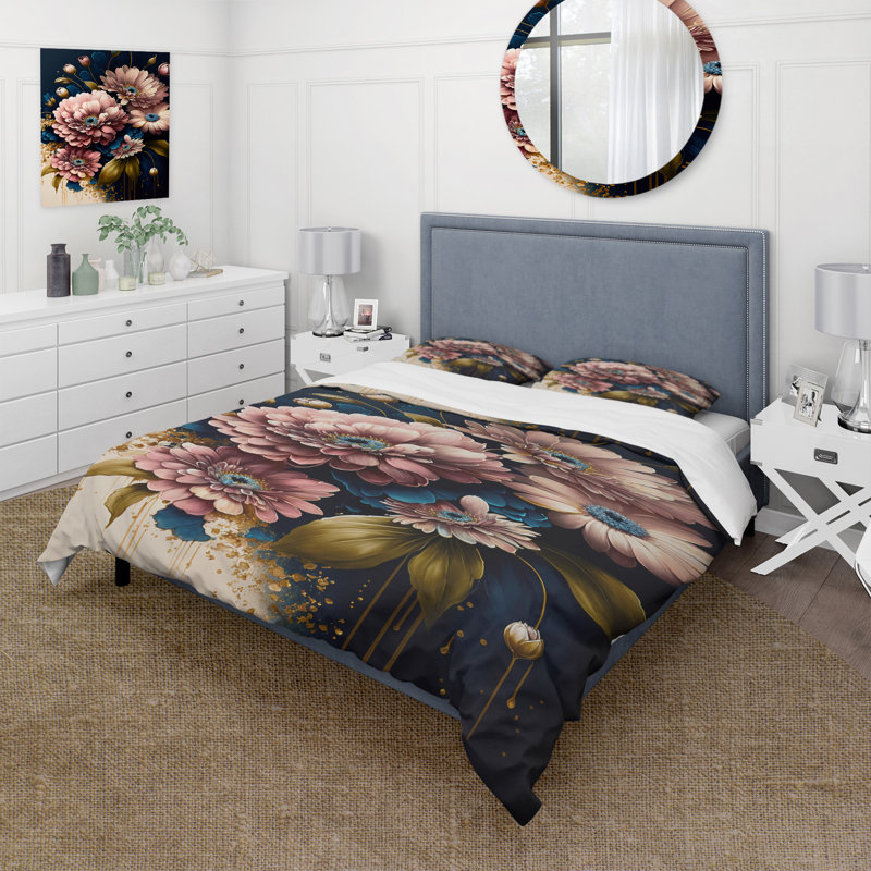Ensemble de housse de couette à motif de marguerites florales bourgogne et bleues I - Polyester en microfibre