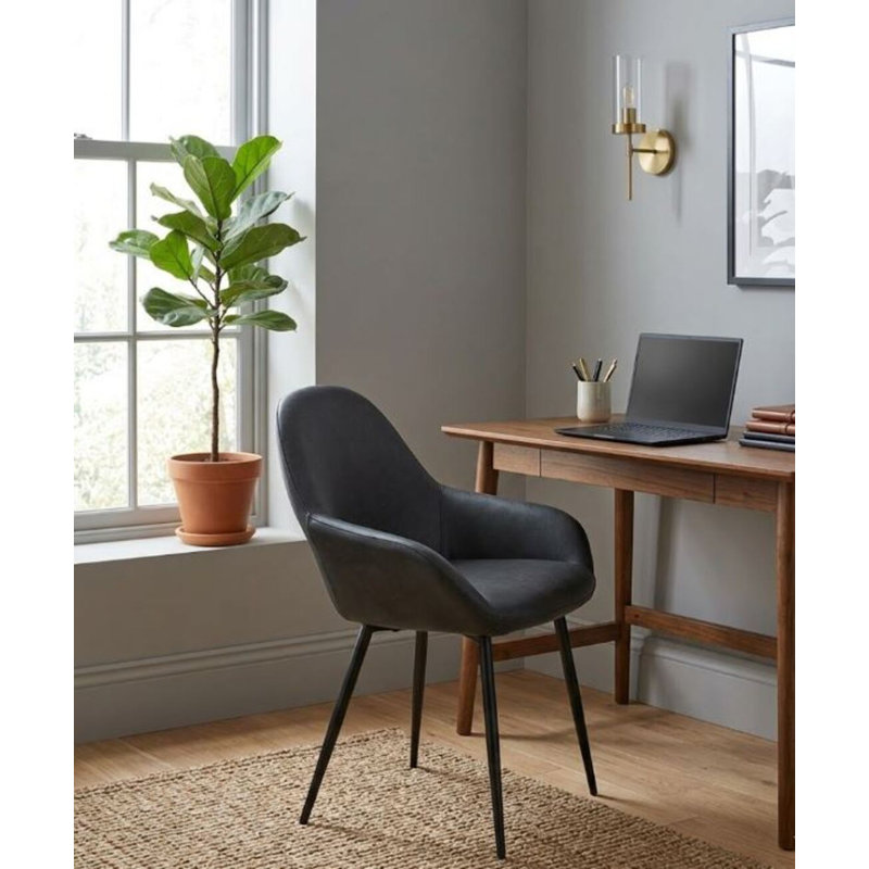  Modern PU Leather Upholstered Armchair – Matte Black Metal Frame Dining Chair, Black