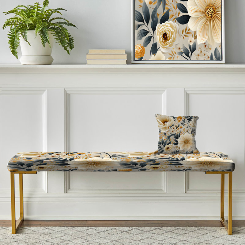 Floral Upholstered Gold Bench, Neutrals Beige Flowers Boho Pattern