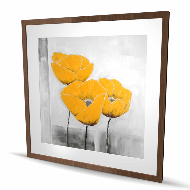 «Three Yellow Flowers - Modern Livingroom», reproduction d'art encadrée, 36" H x 36" W, Brown