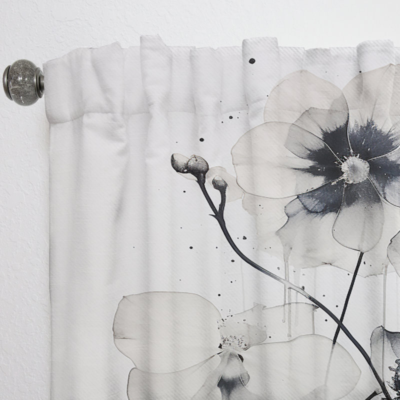 Linhurst Black and White Adorned Violets - Traditional Velvet Curtain - Room Darkening - 1 Panel, 52" W x 63" L