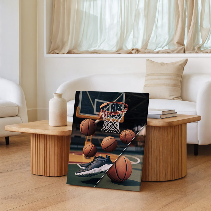 Toile, collage dynamique mettant en valeur l'essence du basketball, présentant divers éléments d'art mural comme un panier de basketball