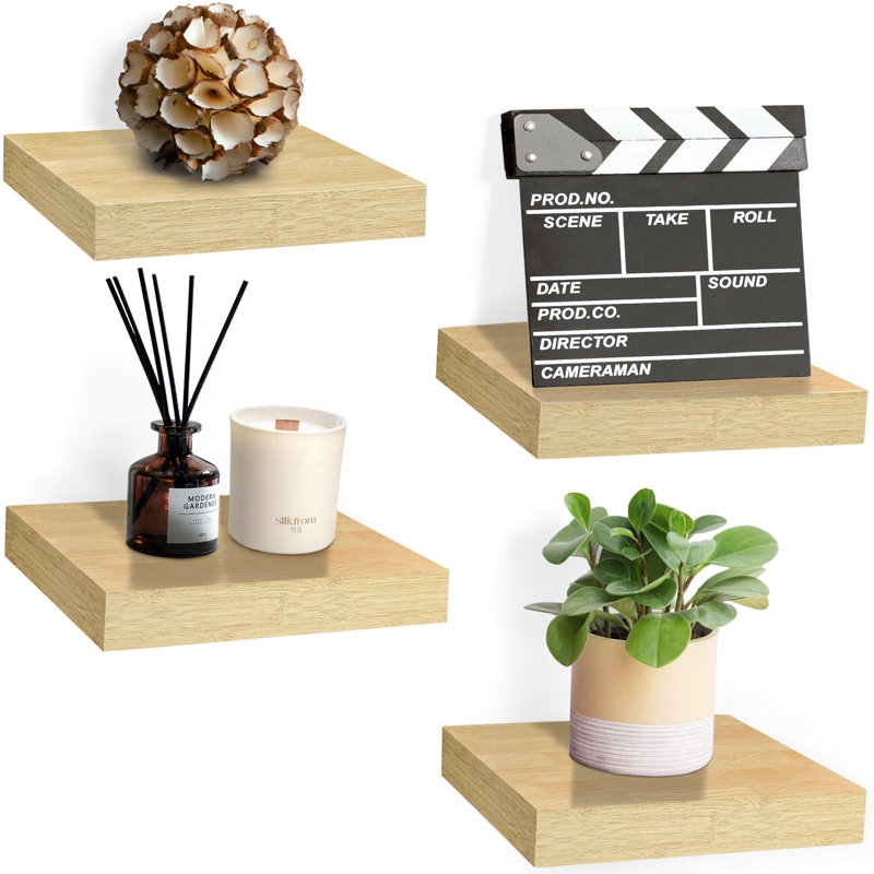 9" Square Tile Floating Shelves with Invisible Mounting Set of 4, Maple Wood
