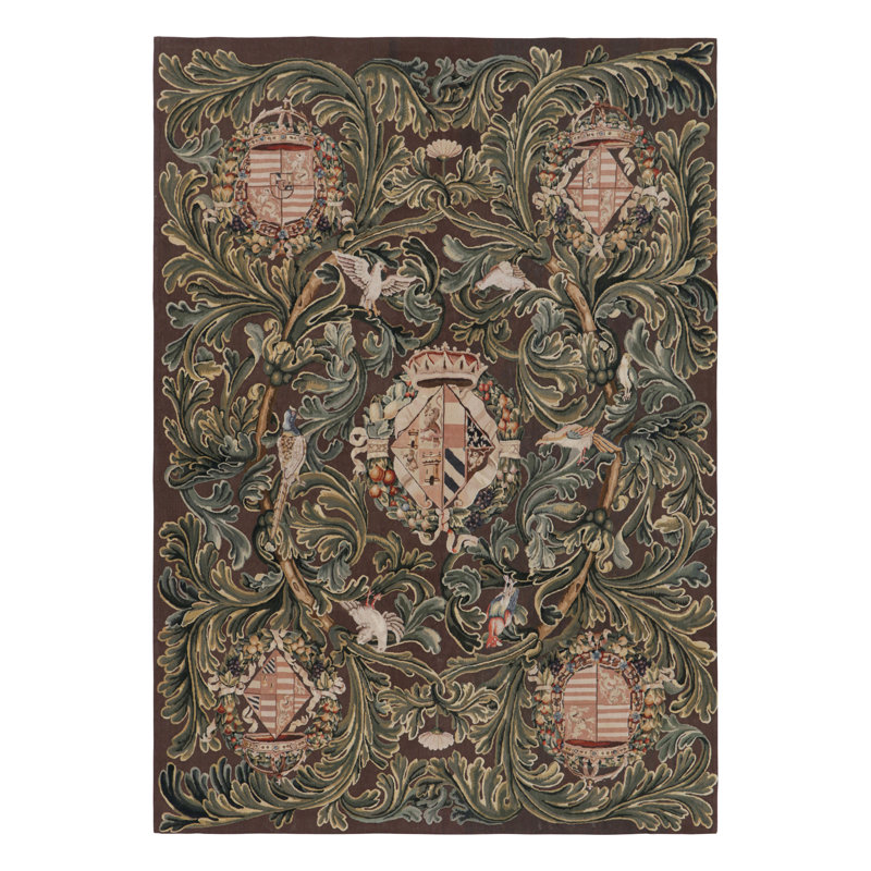 Rug & Kilim’S Armorial Tudor Style Rug In Black, With Beige, Blue And Gold Tones, Rectangle 7'11" x 11'1"