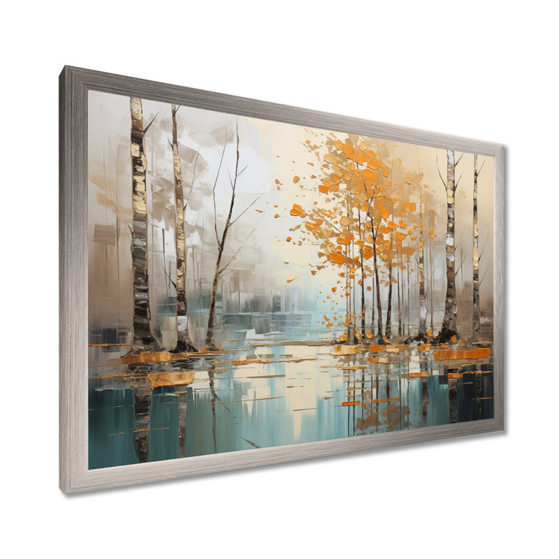 «Birch Woods Golden Reflections I - Tree Birch», art mural encadré, H 30 po x l 40 po x P 1,5 po, Cadre simple argenté