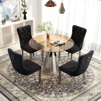 Modern Round Dining Table Set with Tufted Velvet Dining Chair and Brown Tempered Glass Table Top