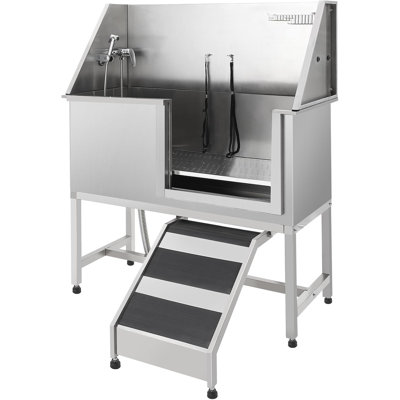 62 Inch Pet Grooming Tub with Ramp Stainless Steel Washing Station Dog Tub Faucet Soap Holder Leash Dog Bathtub (Right Door)