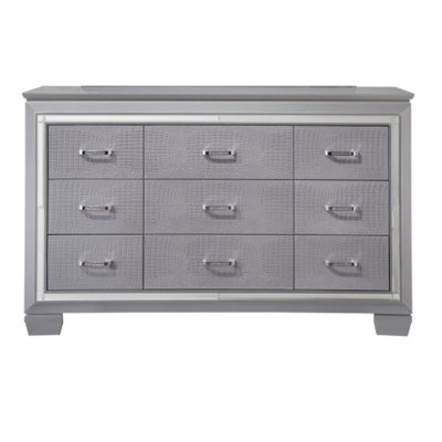 Commode moderne à neuf tiroirs argentée avec miroir et détails chromés