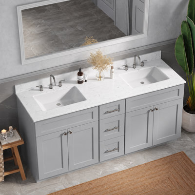 84" Freestanding Double Bathroom Vanity with Carrara Quartz Top, 3 Drawers