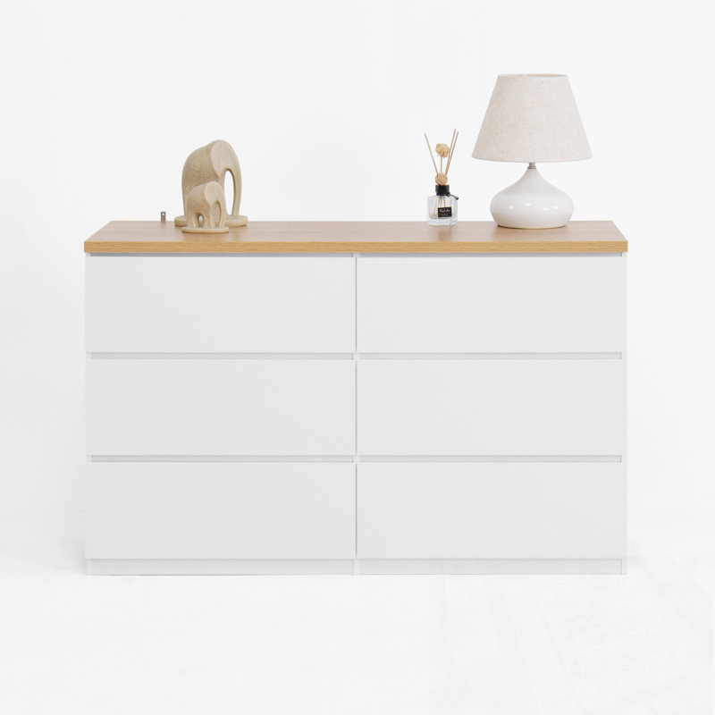 Commodes décoratives avec 6 tiroirs profonds, Blanc et naturel