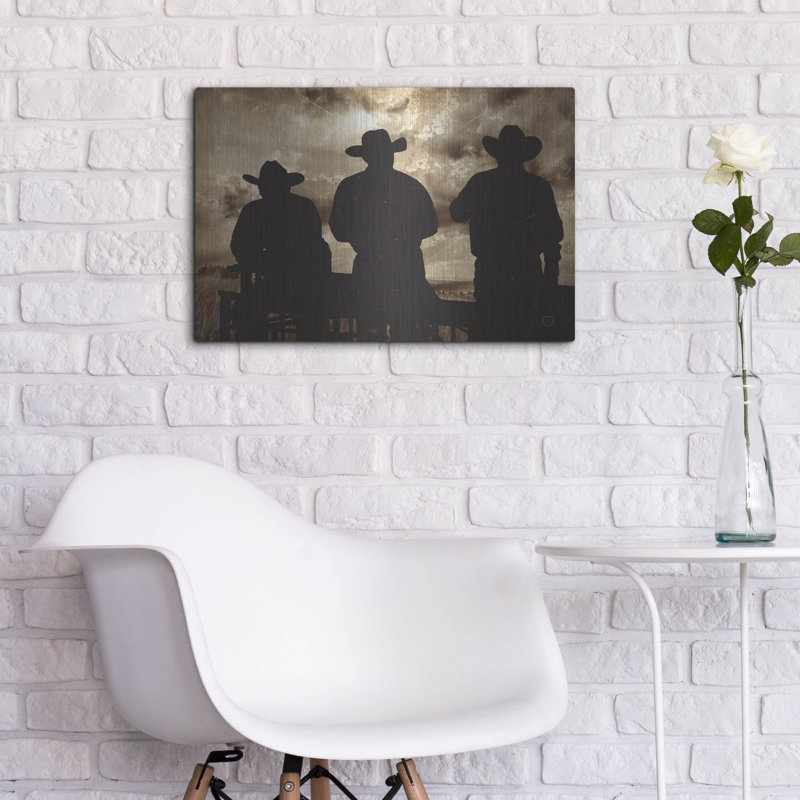 Union rustique «Three Cowboys Sepia» par Nathan Larson, art mural en métal, H 12 po x l 16 po