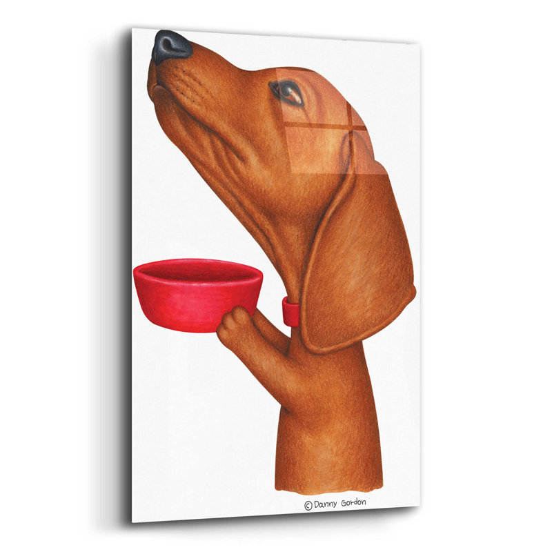 Teckel brun tenant un bol rouge sur imprimé plastique / acrylique, H 16 po x l 12 po x P 0,13 po