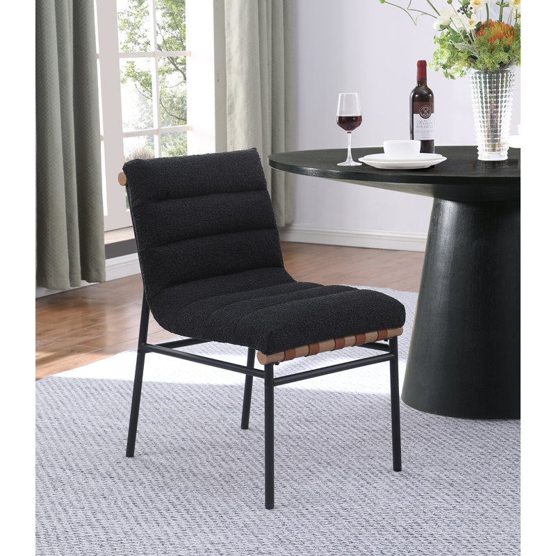 Lahni Set of 2 Black Boucle Fabric Dining Chairs with Black Iron Legs, Black