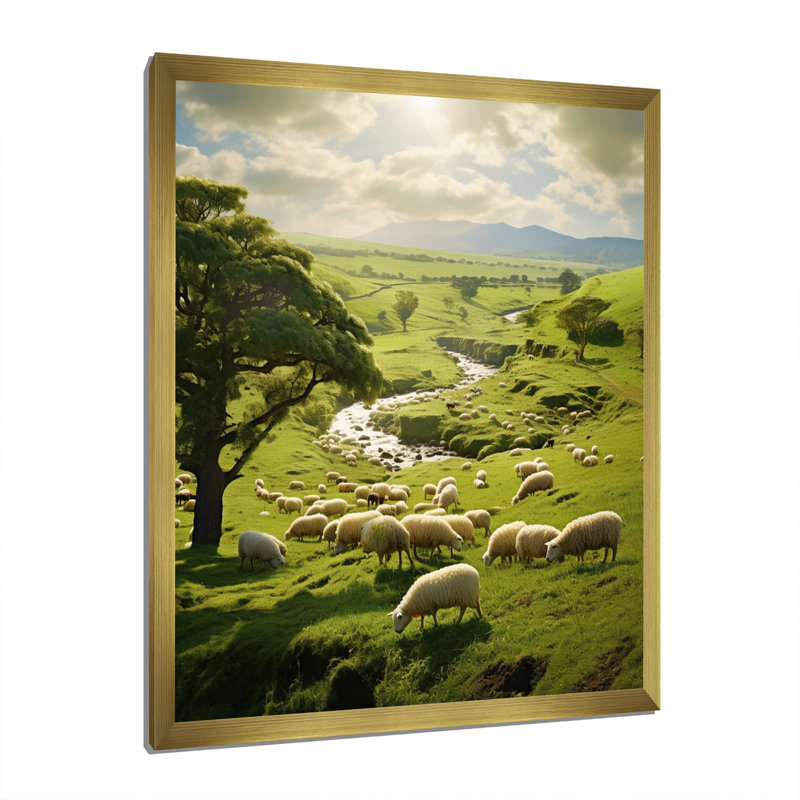 «Pastoral Bliss Sheep Landscape I», reproduction d'art sur toile, H 44 po x l 34 po x P 1,5 po, Encadrement doré
