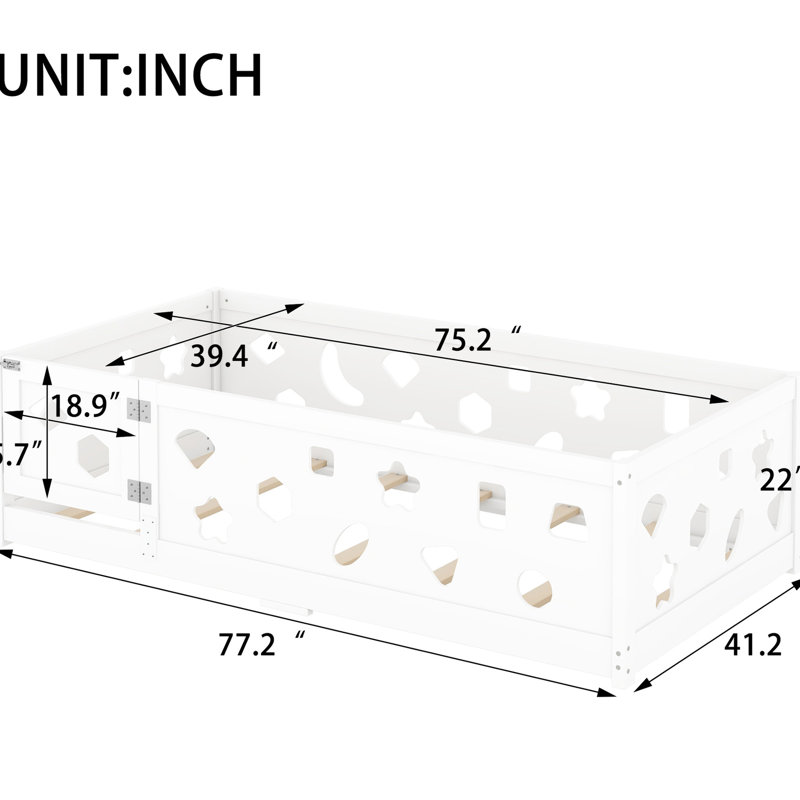 Lit simple au sol avec garde-corps de protection - construction en bois massif blanc avec caractéristiques et porte améliorées