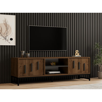 Modern TV Stand, Walnut Color, 63.0 x 19.7 x 15.7 inches | 100% Melamine Coated Particle Board, Thickness: 0.7 inches | Wall-Mountable with Numerous Shelves for Extra Storage, Stylish Industrial Design
