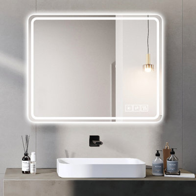 Miroir de salle de bain 40 x 32 pouces à DEL avec miroirs de salle de bain à fixation murale sans cadre anti-buée avec lumière et miroir sans cuivre 5 mm