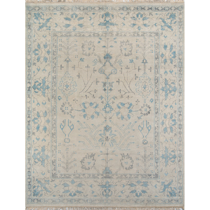 Tapis ivoire / bleu en laine noué à la main Concord Lowell, Rectangle 7 pi 9 po x 9 pi 9 po